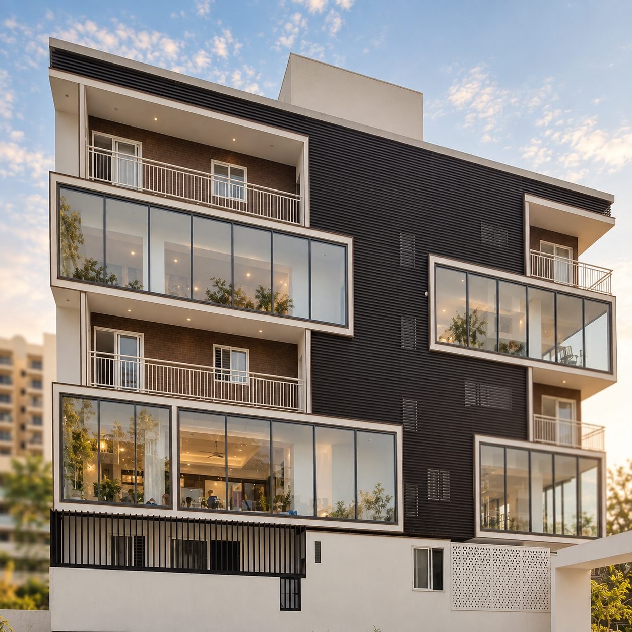 Estella Maple Square Commercial - Modern Warm Toned Glass Apartment Facade