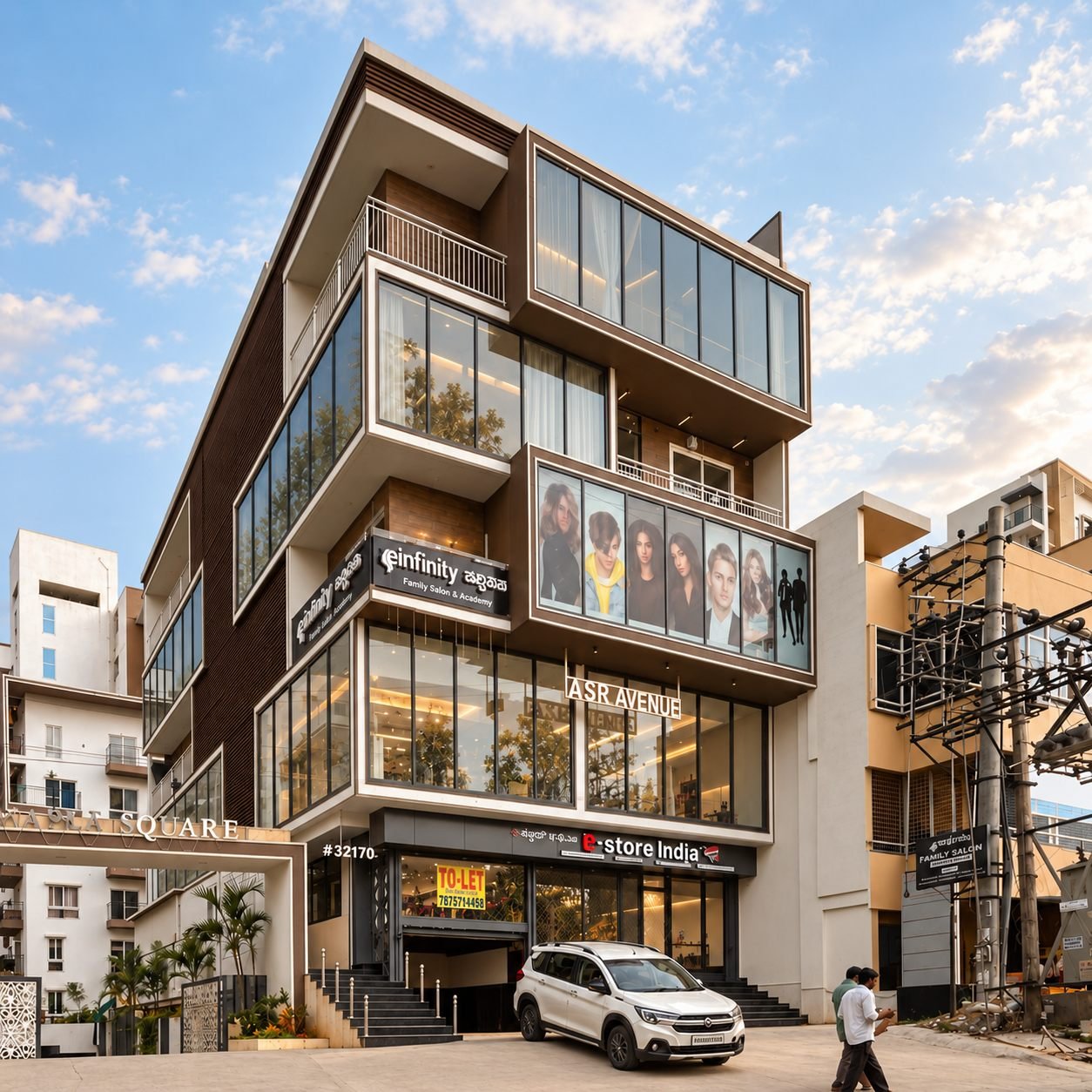 Estella Maple Square Commercial - Modern Mixed Use Building At Sunset