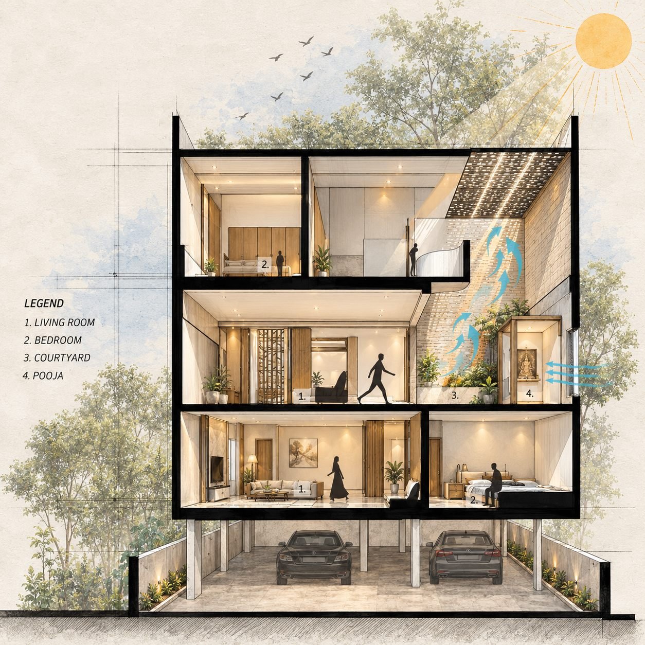 Felix - Watercolor Section Of A Sunlit Sustainable Home