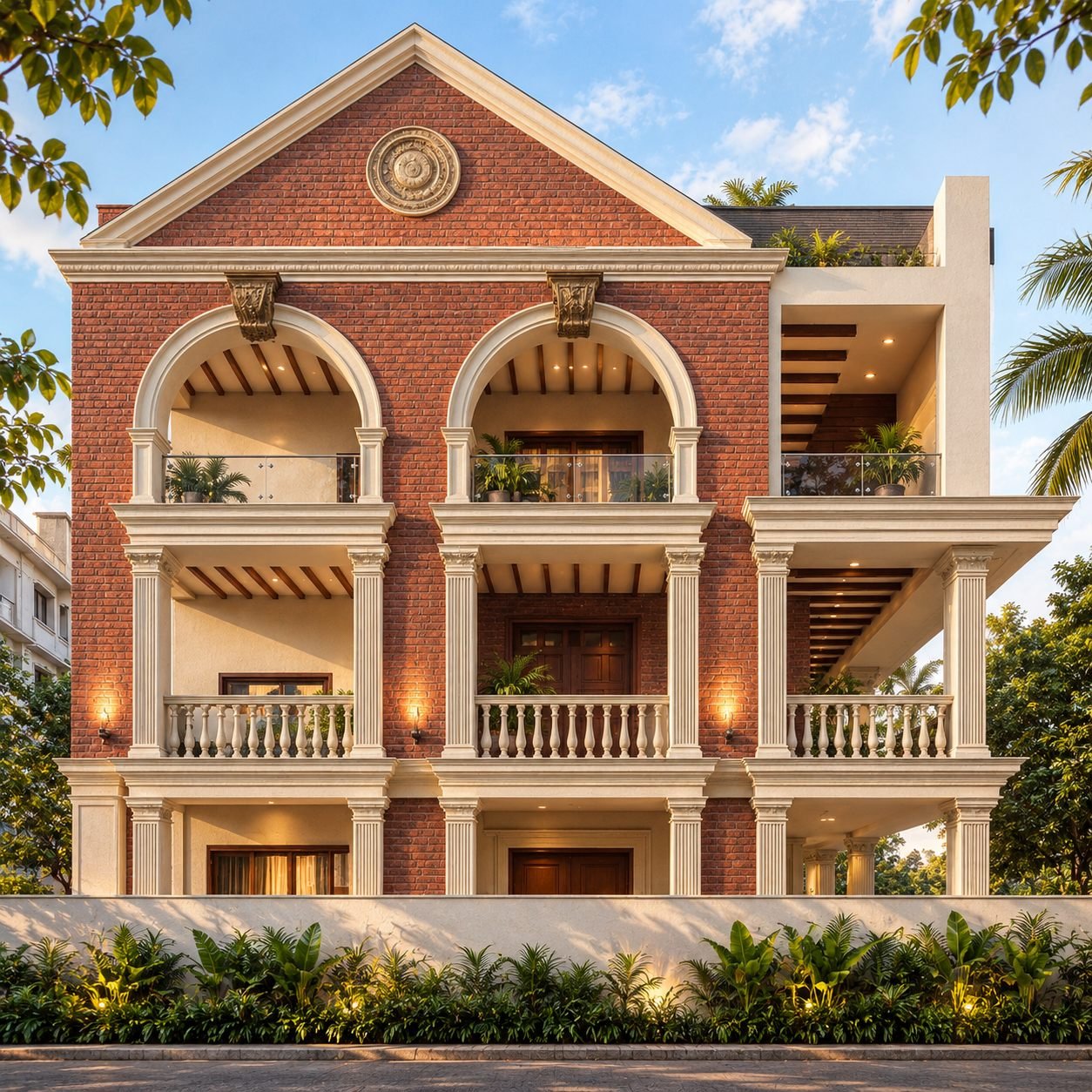 Hyderabad Farmhouse - Elegant Tropical Brick Villa Facade
