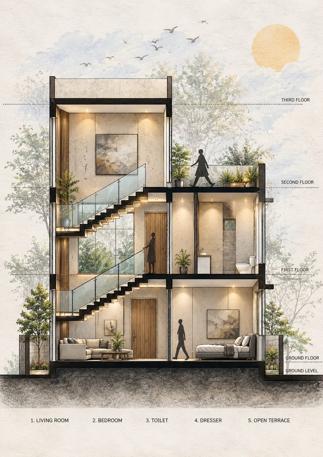 Krishanu - Watercolour Section Of A Modern Home