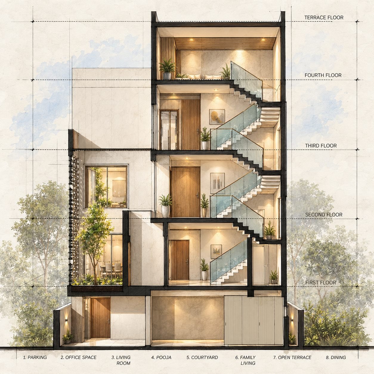 Mohan Reddy - Hand Rendered Modern House Section