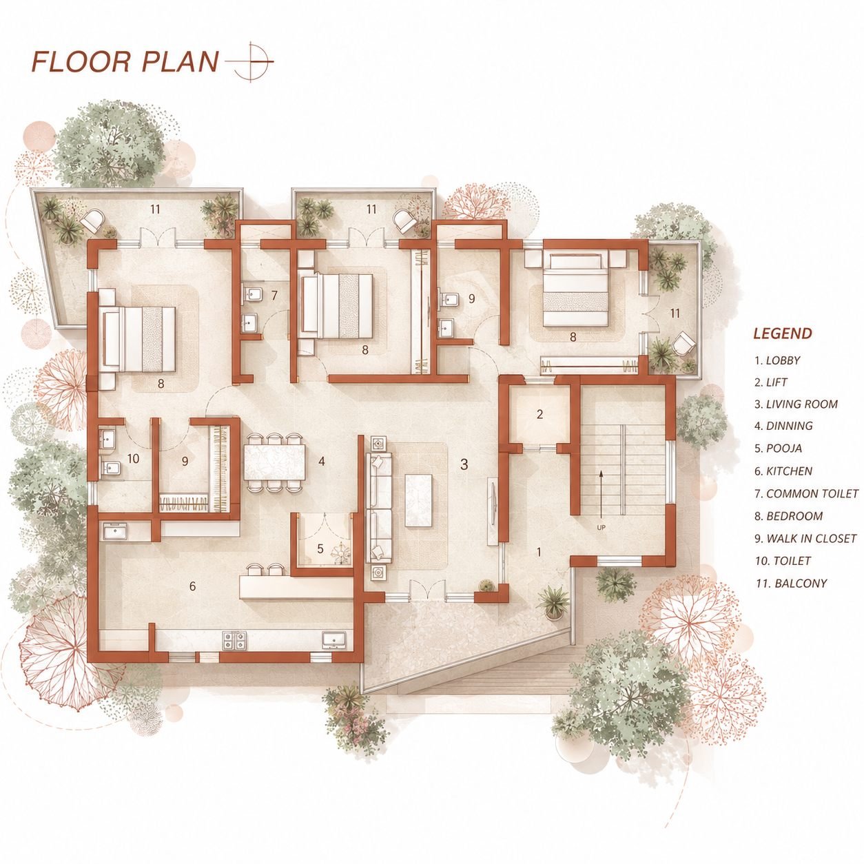 Sukesh Rai Interior - Warm Watercolor Architectural Floor Plan