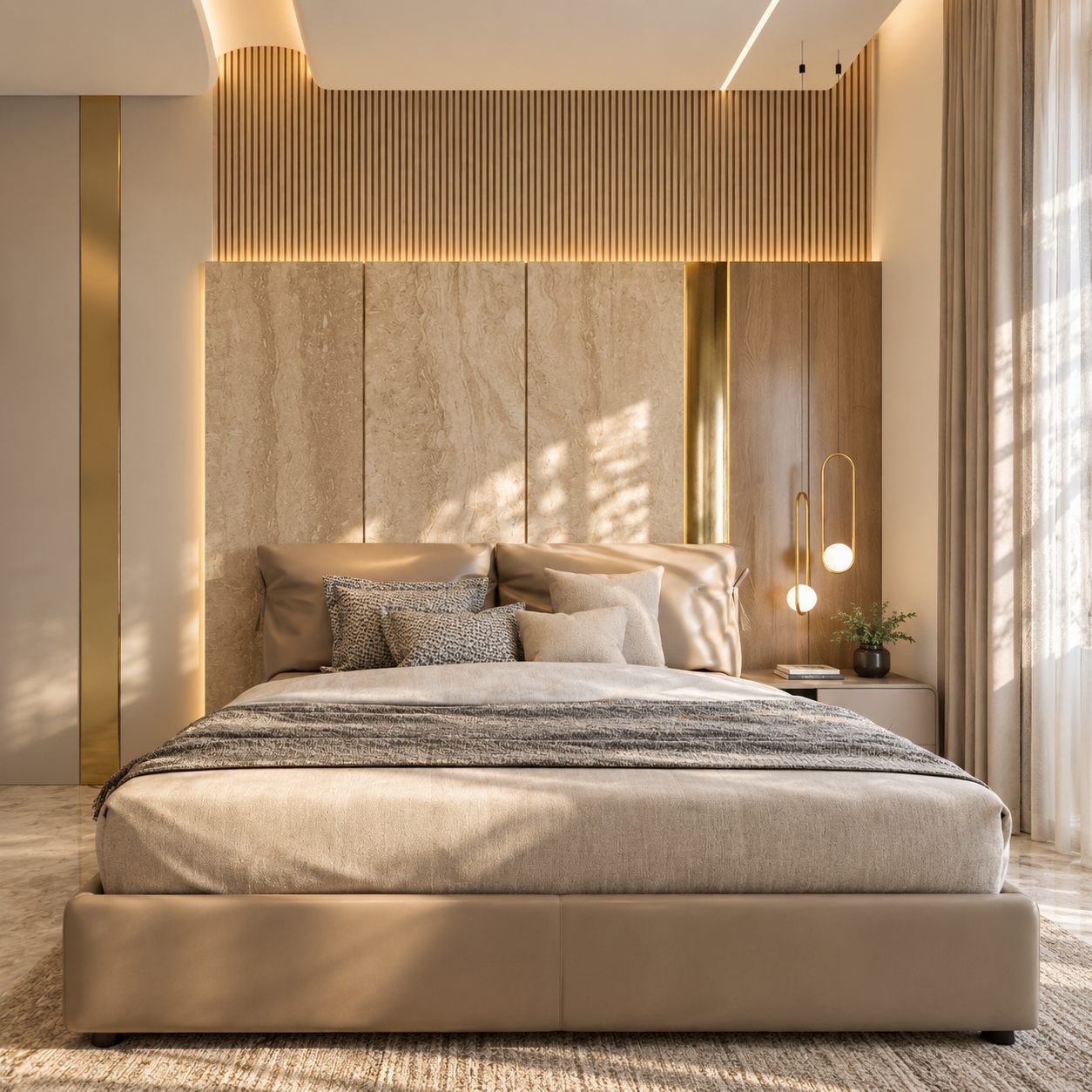 Sukesh Rai Interior - Luxury Bedroom With Marble And Brass Accents