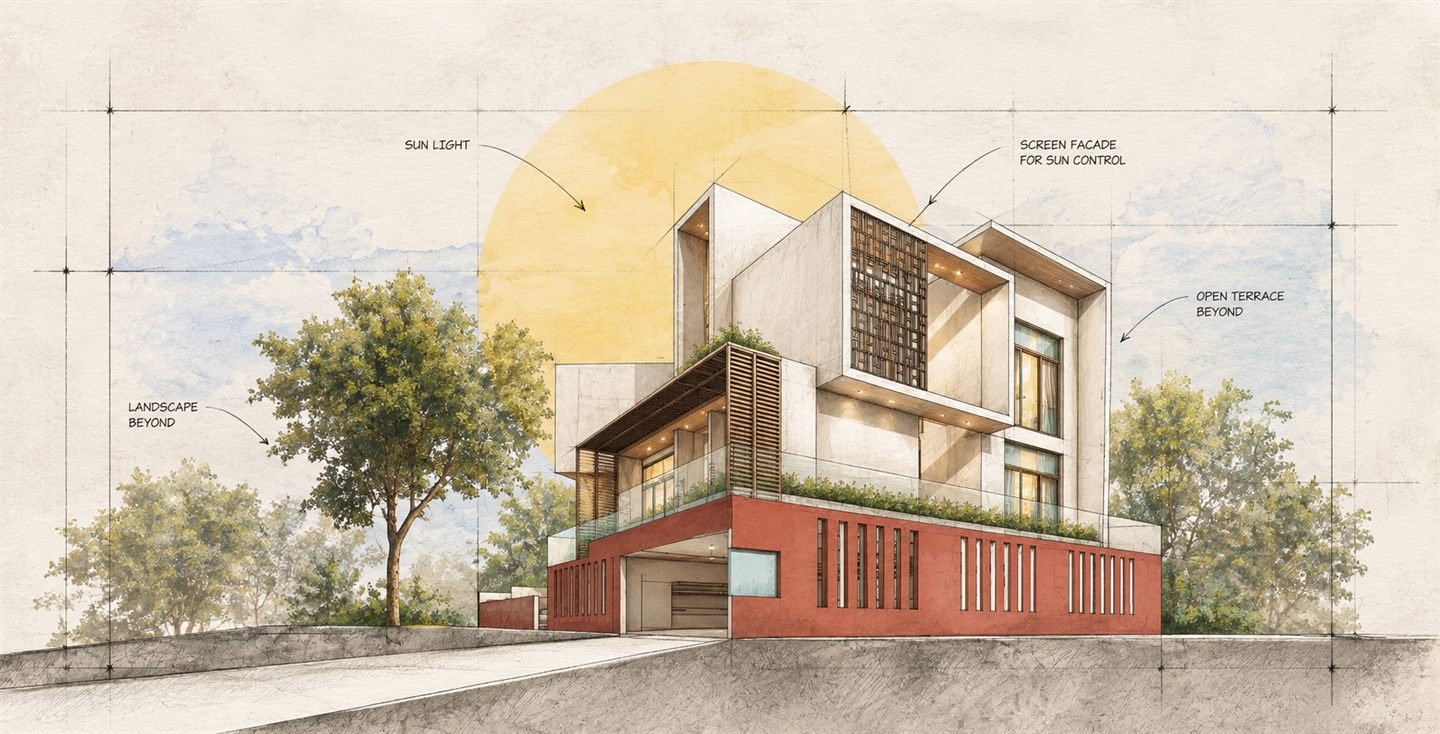 Swahar - Modern House Watercolor Elevation Sketch