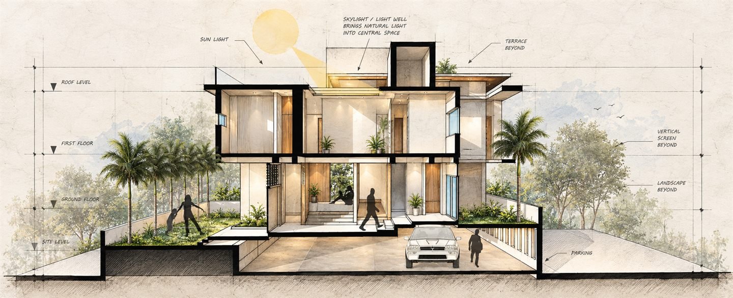 Swahar - Watercolour Modern House Section With Skylight