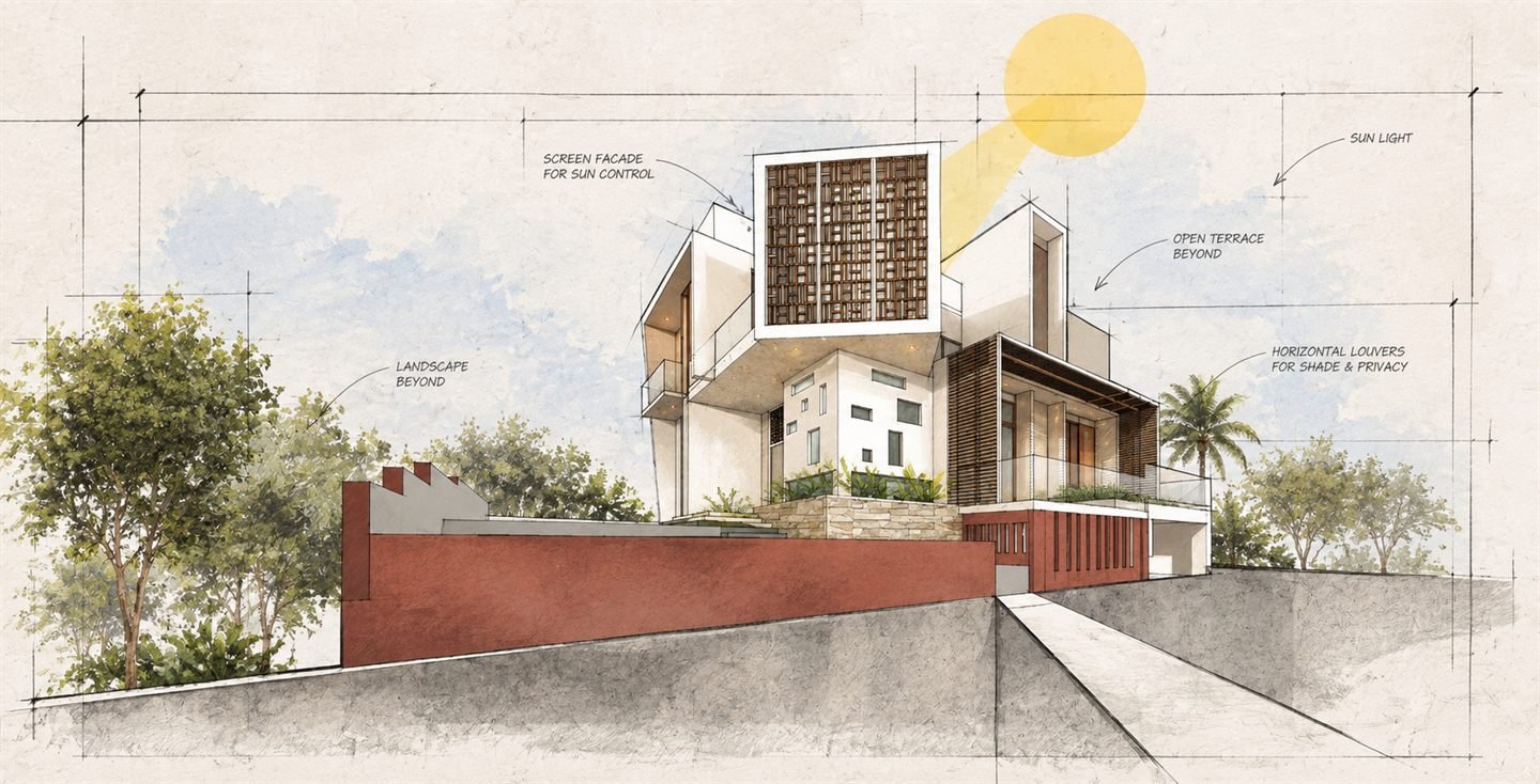 Swahar - Watercolour Sketch Of A Modern Hillside Home